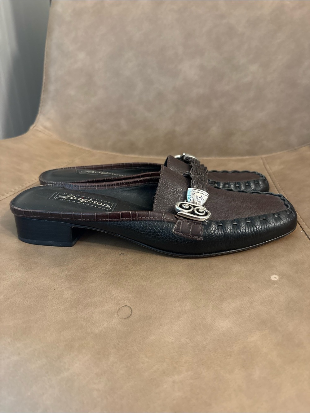 Brighton Karmen vintage square toes slip on shoe silver brown size 7.5